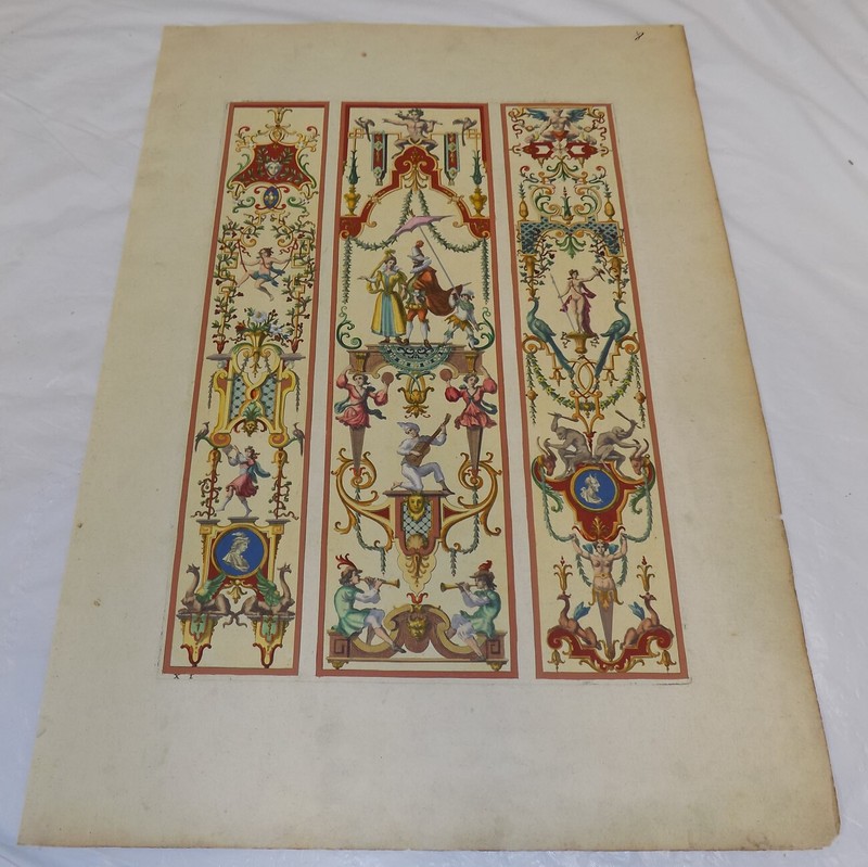 c1707 Antique COLOR Print///ARABESQUE ORNAMENTAL COLORFUL WALL DESIGN