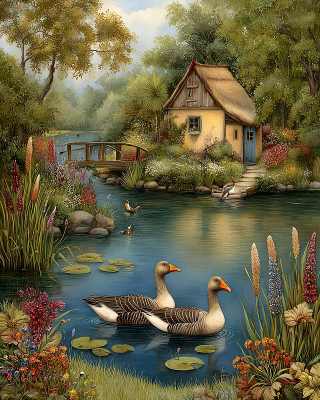 8×10 Cozy Storybook Duck and Duckling in Pond Art Print Cottagecore – 269661272