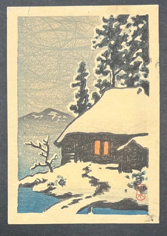 Original c1930 KAWASE HASUI ‘Evening View of SNOW Coved COTTAGE’ Woodblock Print