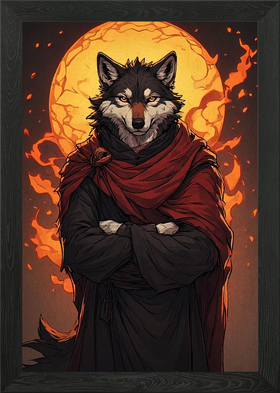 Wolf Mage with Fiery Background Framed Wall Art Poster Canvas Print Picture