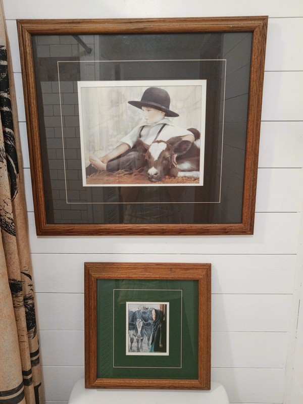 Nancy Noel Amish Boy & Sleeping Calf & Winter Girl SET OF 2 Framed