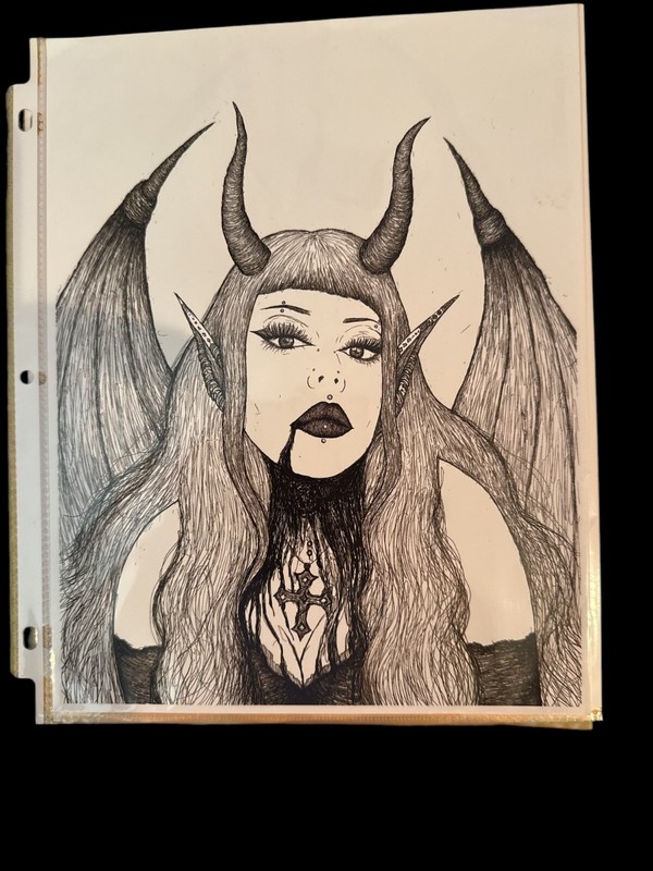 Hand-Drawn Gothic Demon Woman Art Prints Set Of 2 Signed By Artist