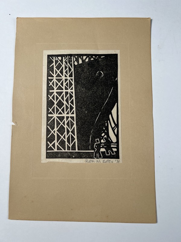 Ruth N. Estes (1931) Industrial Woodcut Print Workers Bridge Construction 11x7”