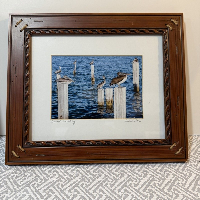 «Board Meeting» Schneider Signed Pelican Print – Rustic Rope Wood Framed Art