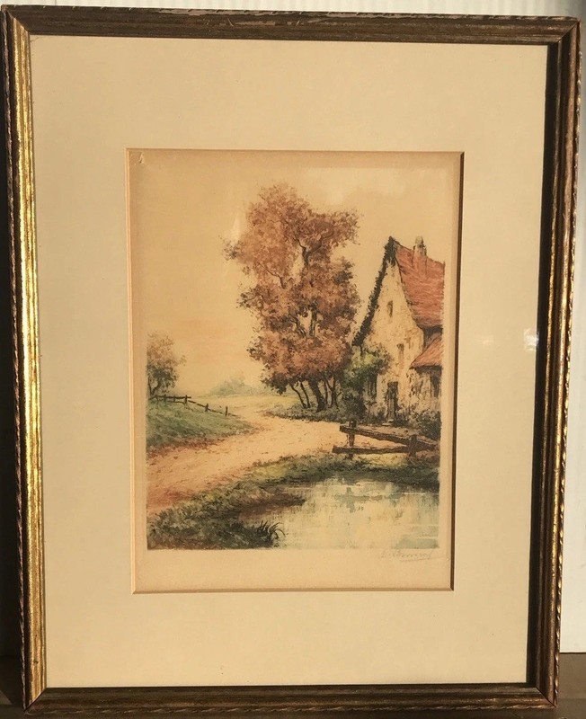 VTG Hand Colored Etching 9.5”x7” Rural Cottage Signed Framed 12”x15” gallery