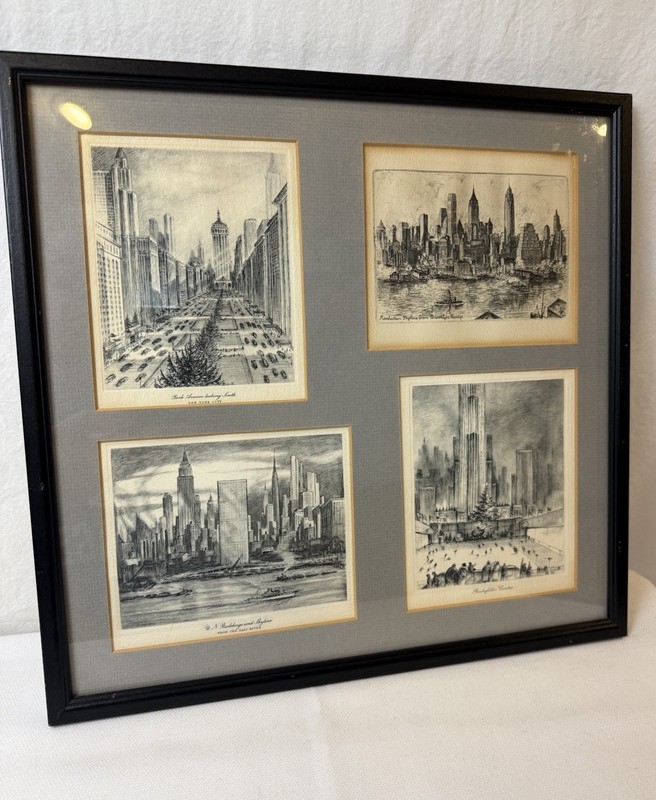 Vintage Framed Set Of 4 NYC Etchings, Mid Century Circa 1950’s, 1960’s