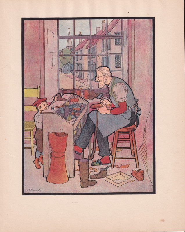 Shoe Cobbler Repairing Shoes Chromolithograph Antique Print 1901