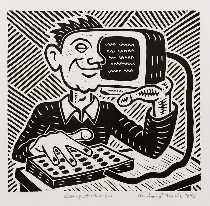 Richard Mock, Computer Man, Linocut on BFK Rives, signed, titled, numbered and d