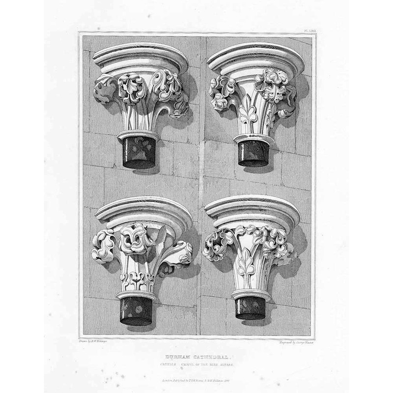 DURHAM CATHEDRAL Capitals in the Chapel of the Nine Altars – Antique Print 1841