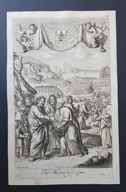 Antique 1688 Print - Miracle of the Loaves & Fishes Bible Engraving - Matthew 14