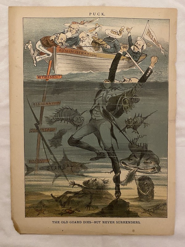 1881 Puck Political Cartoon Print “The Old Guard Dies Never Surrenders”
