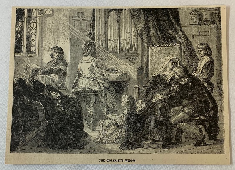 1876 magazine engraving~ THE ORGANIST'S WIDOW playing the organ