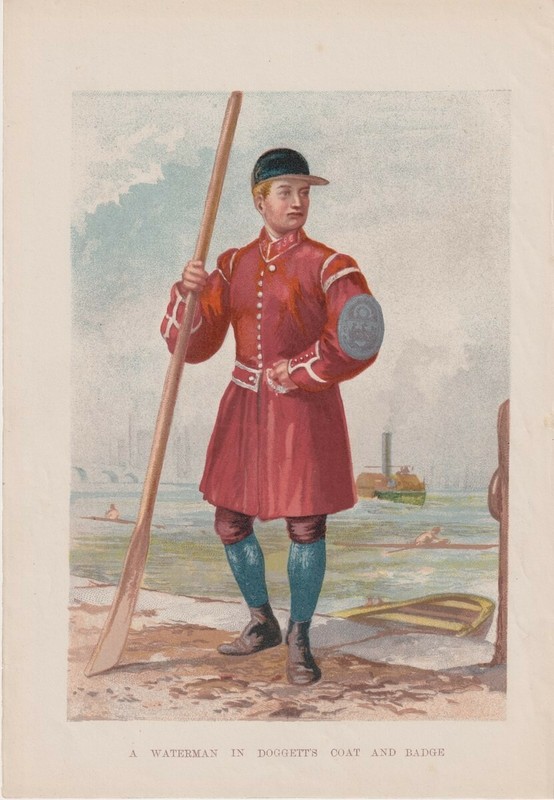 Antique Print, A Waterman in Doggett’s Coat and Badge, 1870, 17.8 x 25.8 cm.