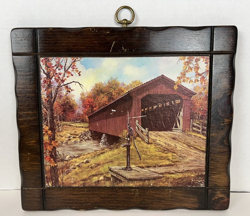 11×13 Rustic Barn Bridge Wooden Autumn Nature Art Painting Plaque Wall Decor