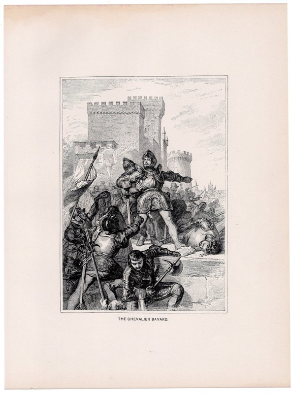 THE CHEVALIER BAYARD - Heroic Knight Defending Castle 1892 Antique Engraving gallery
