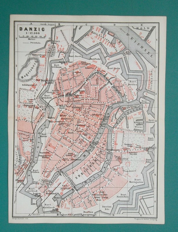 POLAND Gdansk City Plan & Environs – 1886 Baedeker Map 6×8″ 15×20 cm