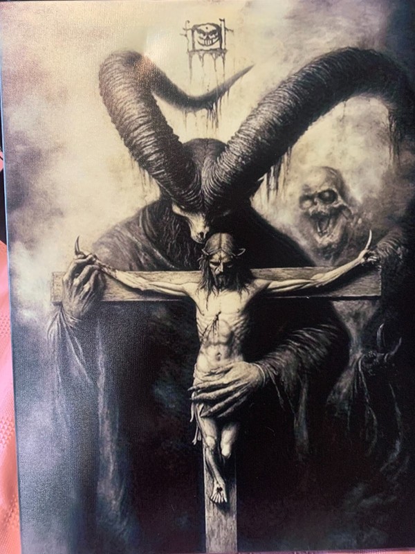 H R Giger-esque 12×8 framed canvas print, detailed demon holding crucifixion