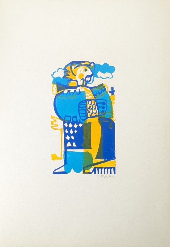 Herbert Felix Plahl, abstract figure (blue), woodcut, autographed