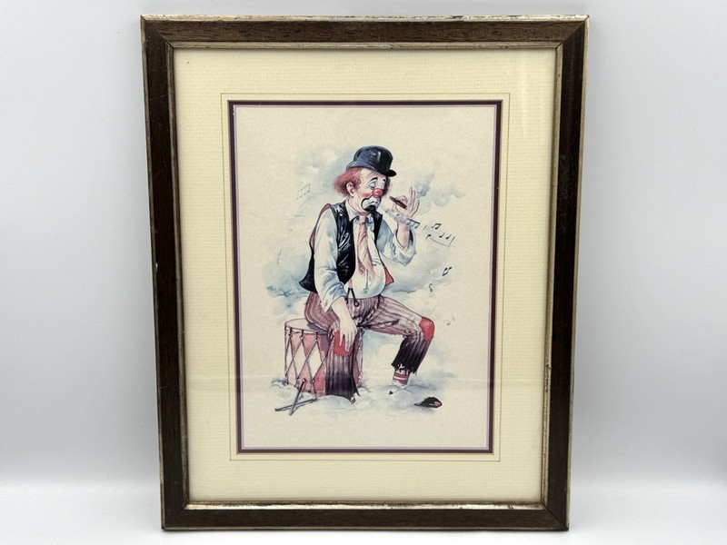 Vintage Framed Smoking Clown Print 1970s-1980s