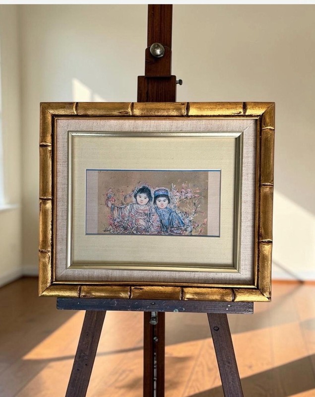 Edna Hibel Two Oriental Children Framed Fresco Art Print Gold Bamboo Frame