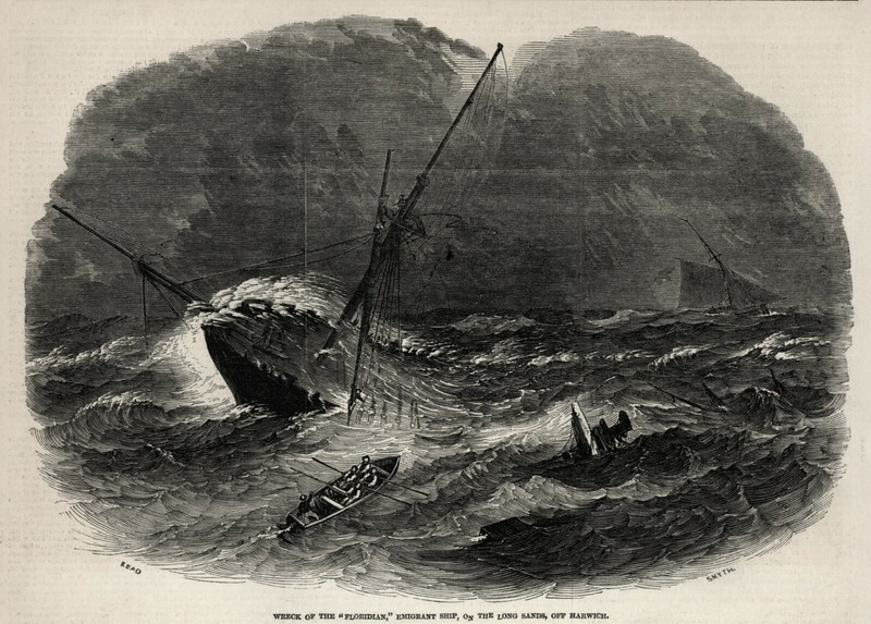 ANTIQUE WOODCUT PRINT- Shipwreck of THE «FLORIDIAN» EMIGRANT SHIP – 1849 –
