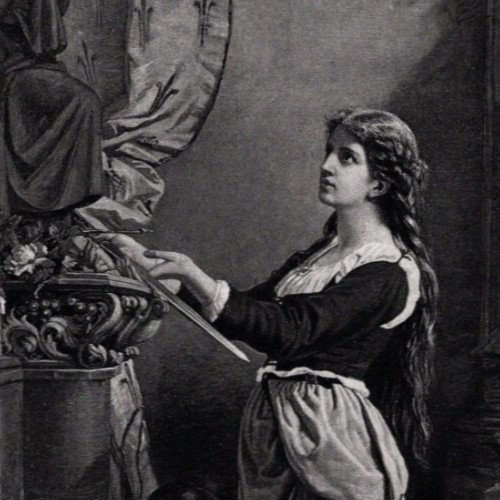 GIRL PRAYS – Castle Armor Prayer Lady Medieval Bedroom Scene 1894 Engraving