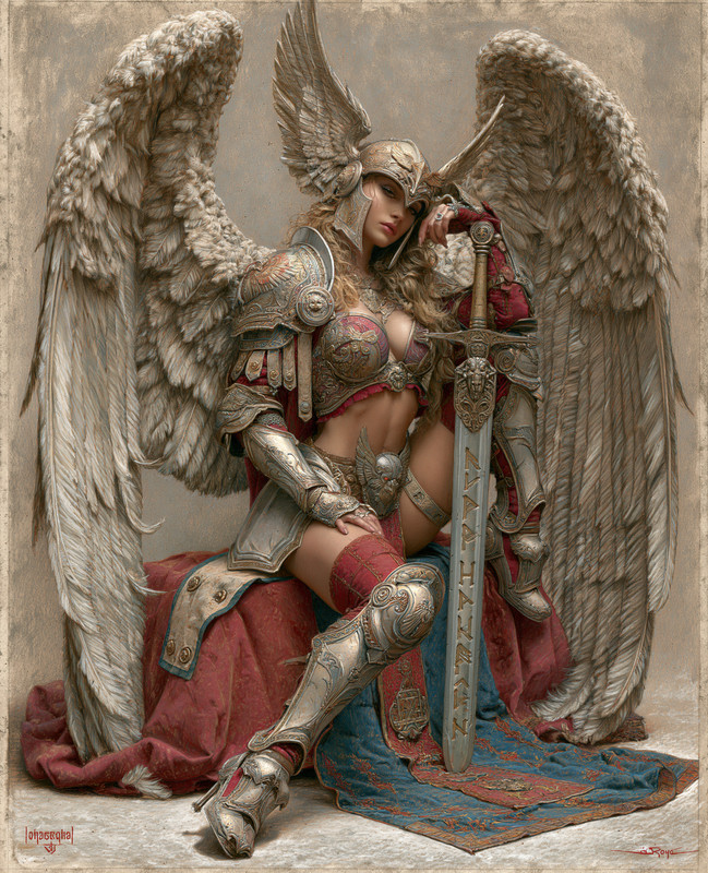 8x10 Seated Winged Angel Warrior Art Print - 460639655