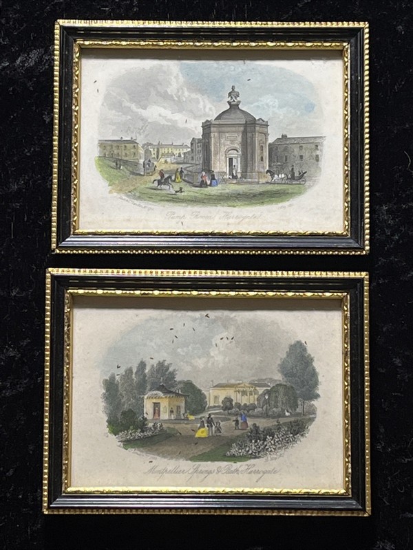Two Small Antique Engravings of Harrogate in Yorkshire-Hogarth Frames-13 x9.5cm