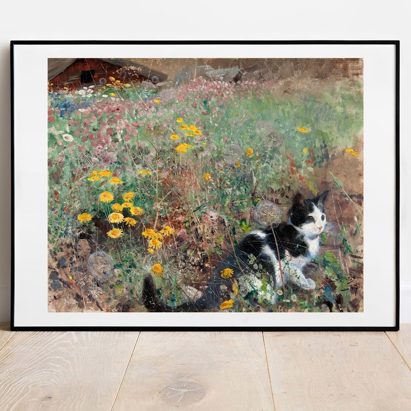 cat art cat in a Flowery Meadow by Liljefors fine Art print poster cat print