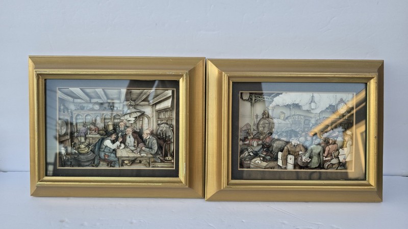Vtg Anton Pieck 3D Art Hand Cut Paper Tole framed Picture Train Depot Local Pub