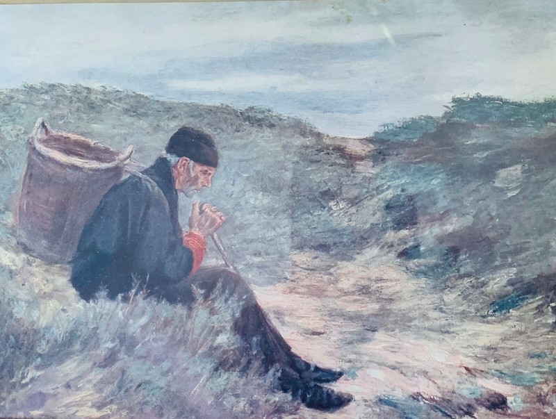 Max Liebermann Vintage Print Man with Basket on Beach Framed c. 30 x 20 cm