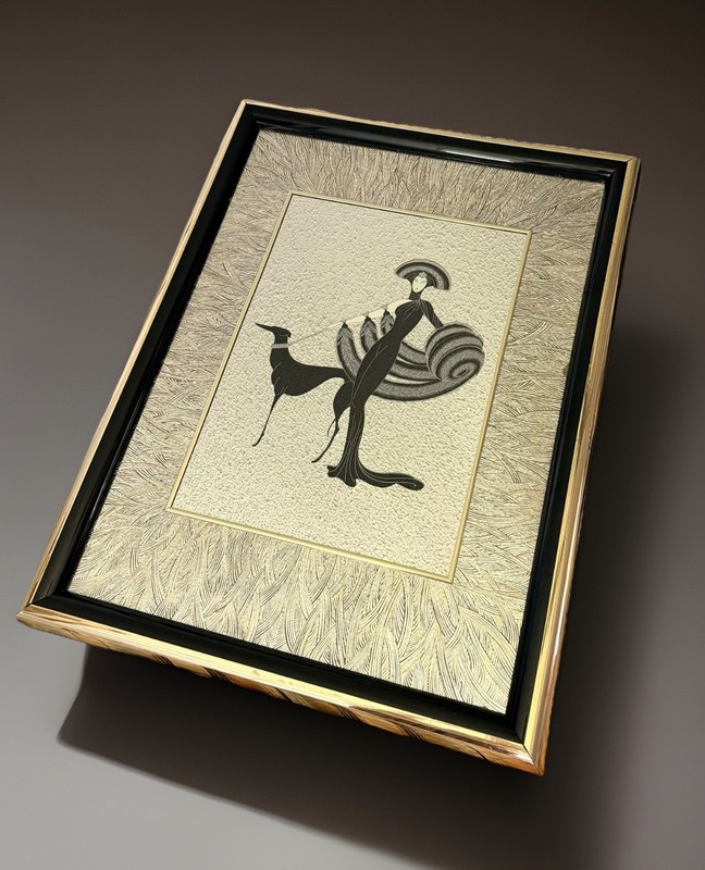 VTG ERTÉ Style Symphony In Black Art Deco Reverse Painted Etched Mirror 35 X 45