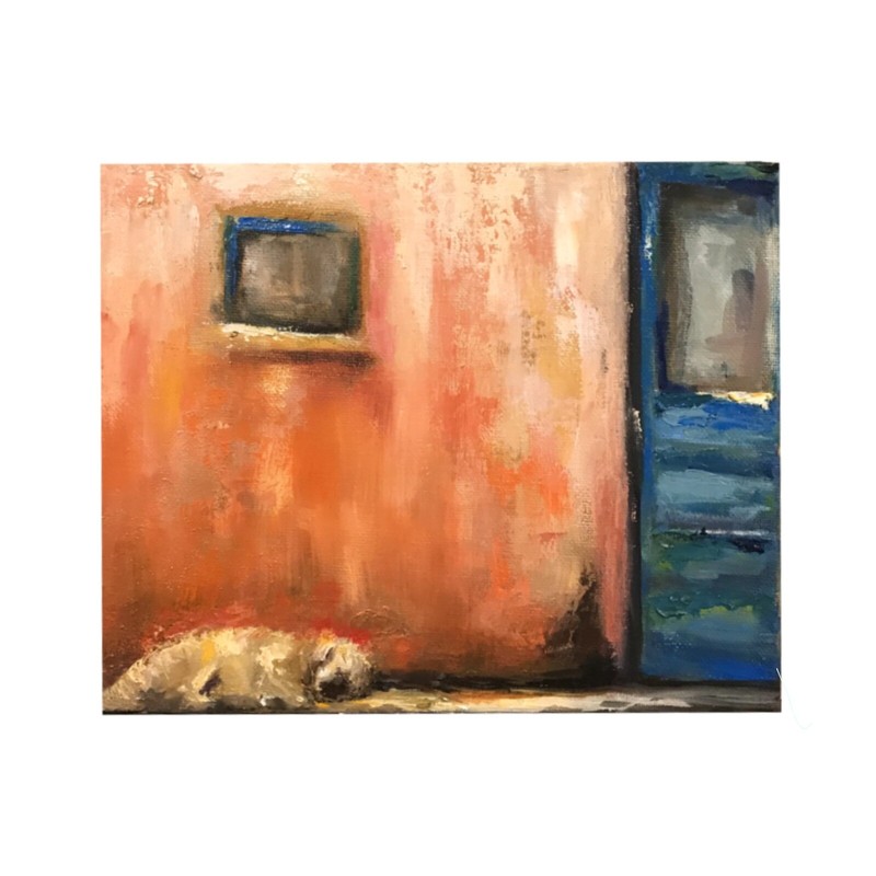 ACEO ATC Signed Print “Sunny Spot” Artist Trading Card Dog Taos Pueblo Southwest
