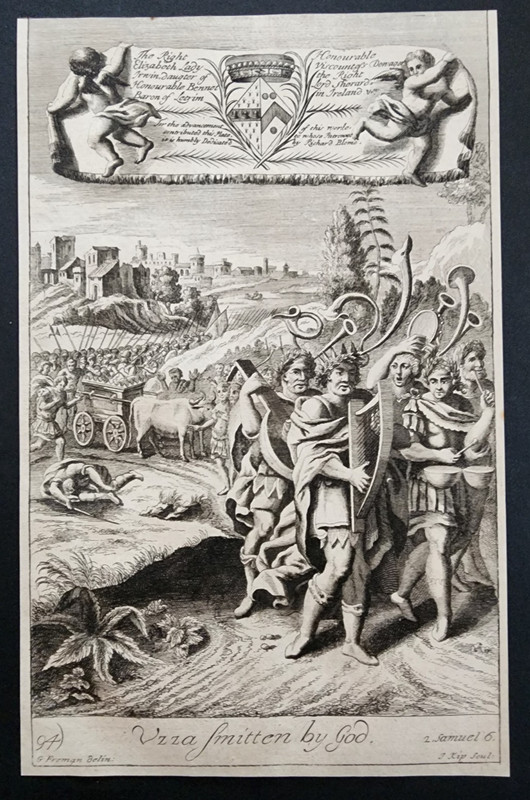 Antique 1690 Print – Uzzah Smitten by God – Blome Bible Engraving – 2 Samuel 6