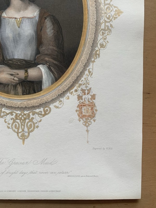 Antique Victorian Romantic Poetry Engraving The Grecian Maid Hand Coloured c1853 gallery