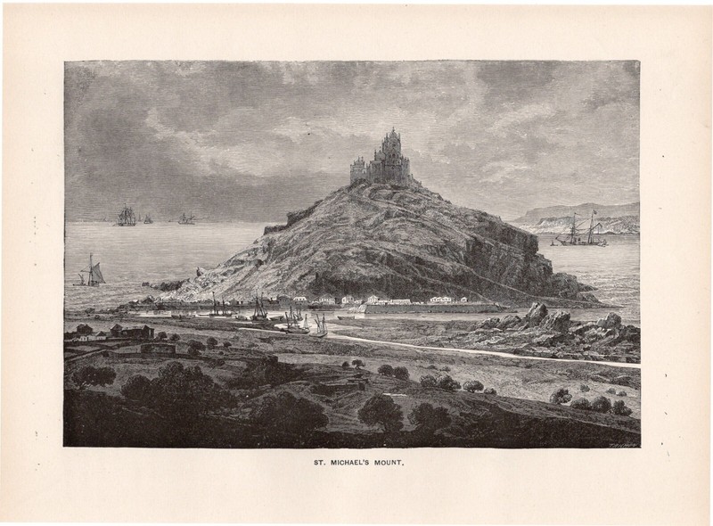 CASTLE – Medieval England Cornwall Ships Ocean View Antique 1888 Wood Engraving