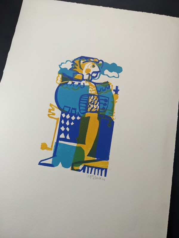Herbert Felix Plahl, abstract figure (blue), woodcut, autographed gallery