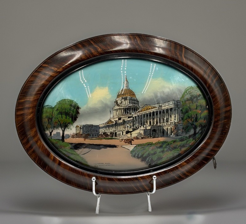 Vintage U.S. Capitol Washington DC Reverse Painted Convex Glass Oval Frame 24.5” gallery
