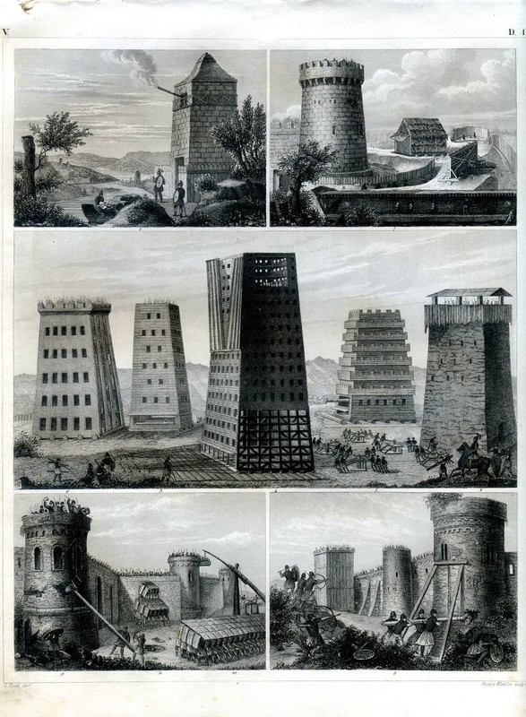 Medieval siege weapons, movable towers, storming ram..antique engraving…1849