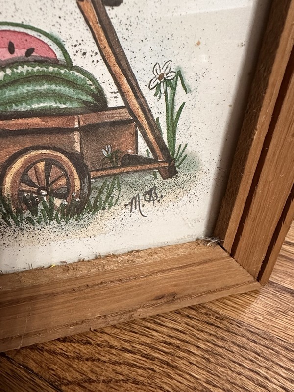 vintage 1980s framed Americana folk art print in wood frame gallery