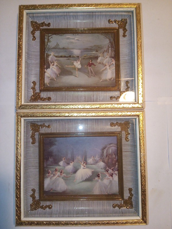 2 Vintage Carlotta Edwards Ballet Dancers Print Wood Frame, Gold Foil & Glass