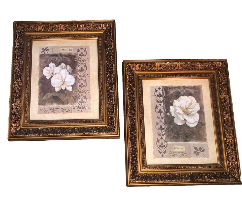 2 Vivian Flasch Art Prints «Rose» And “Orchids” Ornate Frames Matted Glass