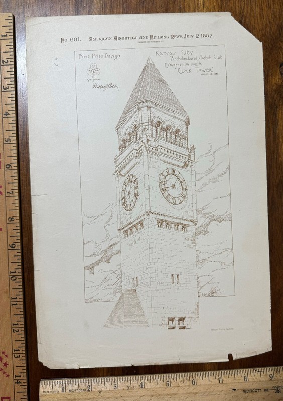 1887 print American Architect Building News Kansas City Design Clock Tower Polk