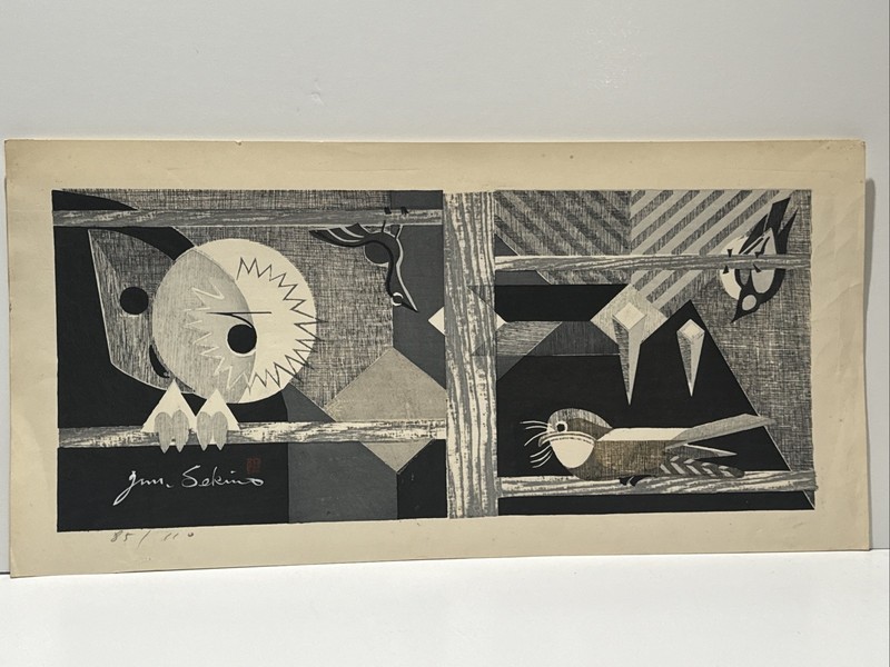 Junichiro Sekino Woodblock Print Rare Mid Century Modernist ABSTRACT BIRD Large