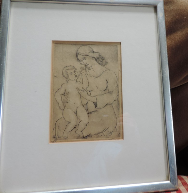 Black & White Etching Mother with Child 1930 1940 Silver Gilt Wood frame gallery