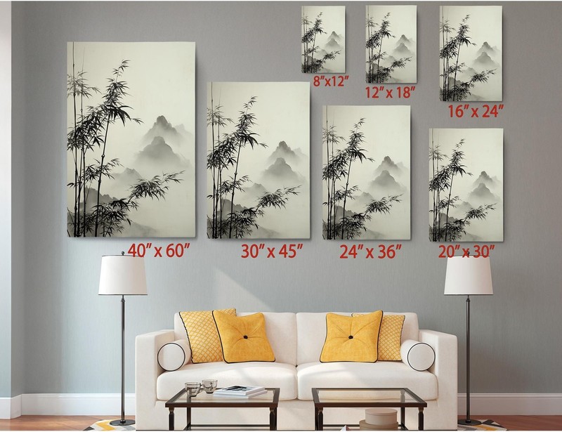 Bamboo Ink Painting Asian Wall Art Japanese Style Misty Mountains Canvas gallery