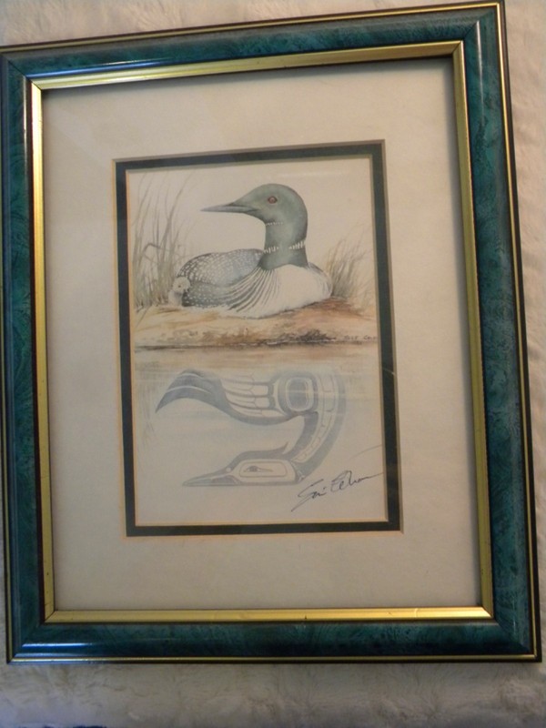 original Sue Coleman watercolor print «The Loon»-Signed-Framed under glass