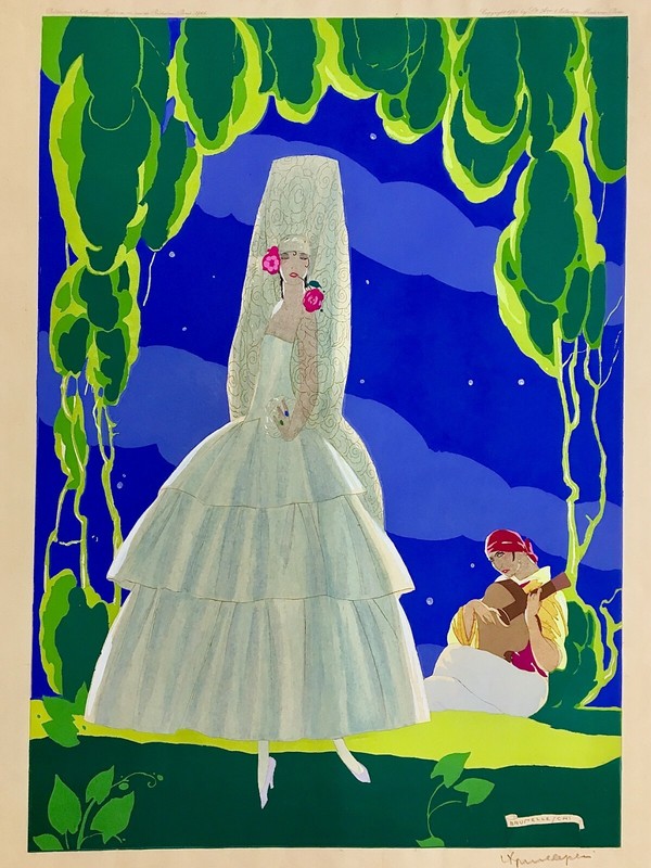 "Madrilene" Umberto Brunelleschi Pochoir Hand Colored Stencil Signed & Dated