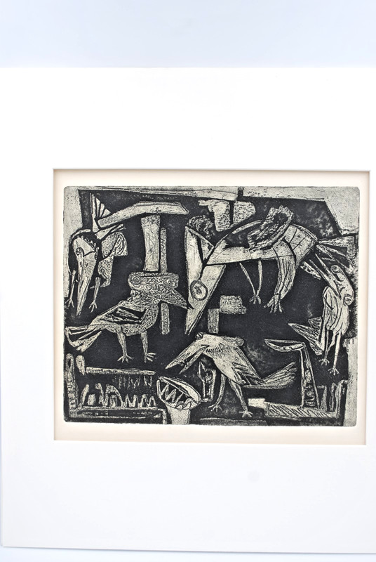 "Birds" MCM Linocut Print 1950s 9.5"x8" mat 14"x16" gallery
