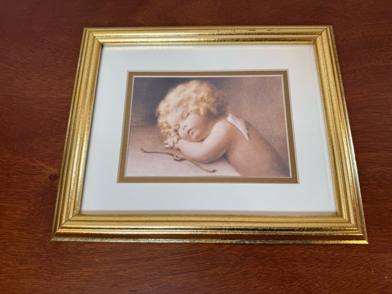 VTG Whimsy Bessie Pease Gutmann «Cupid Caught Napping» Print Gold Wood Frame